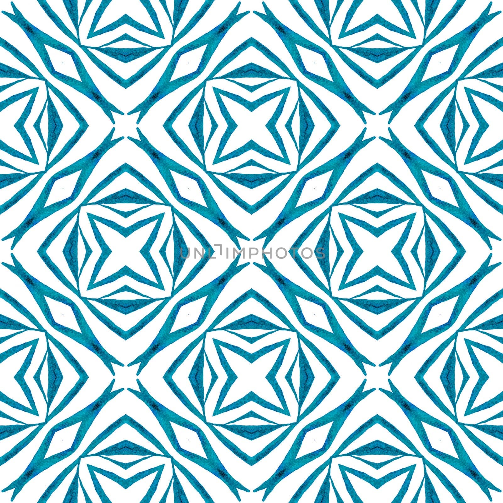 Textile ready energetic print, swimwear fabric, wallpaper, wrapping. Blue eminent boho chic summer design. Ethnic hand painted pattern. Watercolor summer ethnic border pattern.