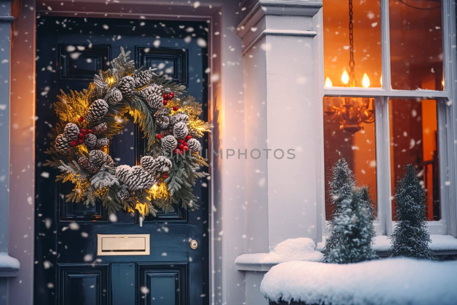 Christmas holiday, country cottage and snowing winter, wreath decoration on a door, Merry Christmas and Happy Holidays wishes, generative ai by Anneleven