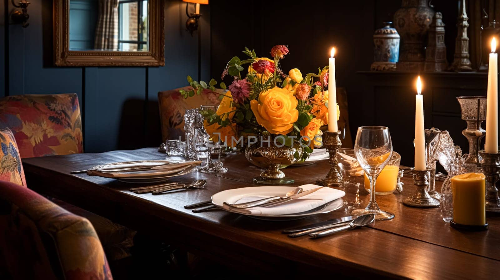 Holiday celebration table decor, festive tablescape in dining room, candles and flowers decoration for formal family dinner in the English country house, countryside interior design motif