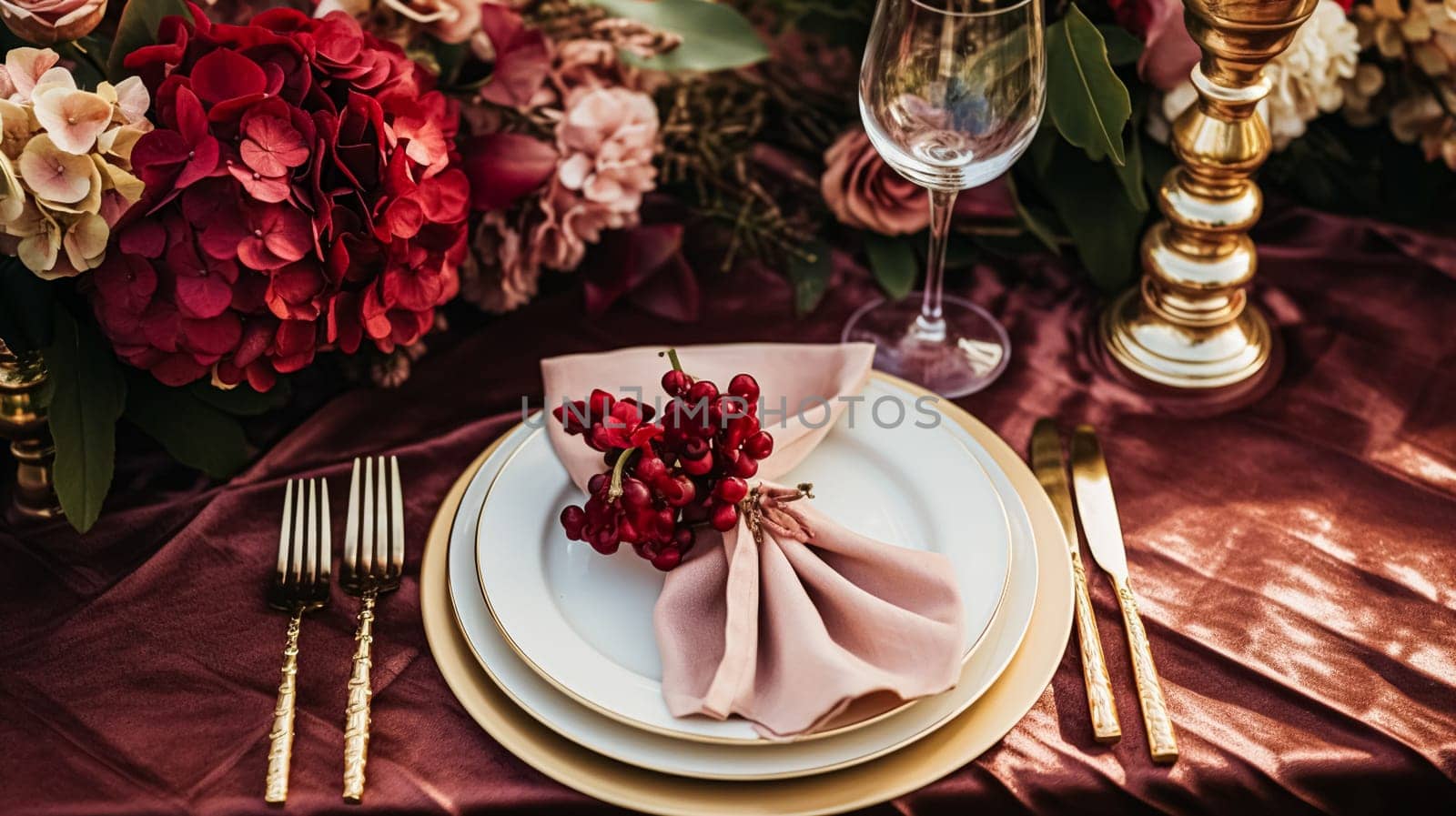 Wedding or formal dinner holiday celebration tablescape with hydrangea flowers in the English countryside garden, table setting and wine, floral table decor for family dinner party, home styling inspiration