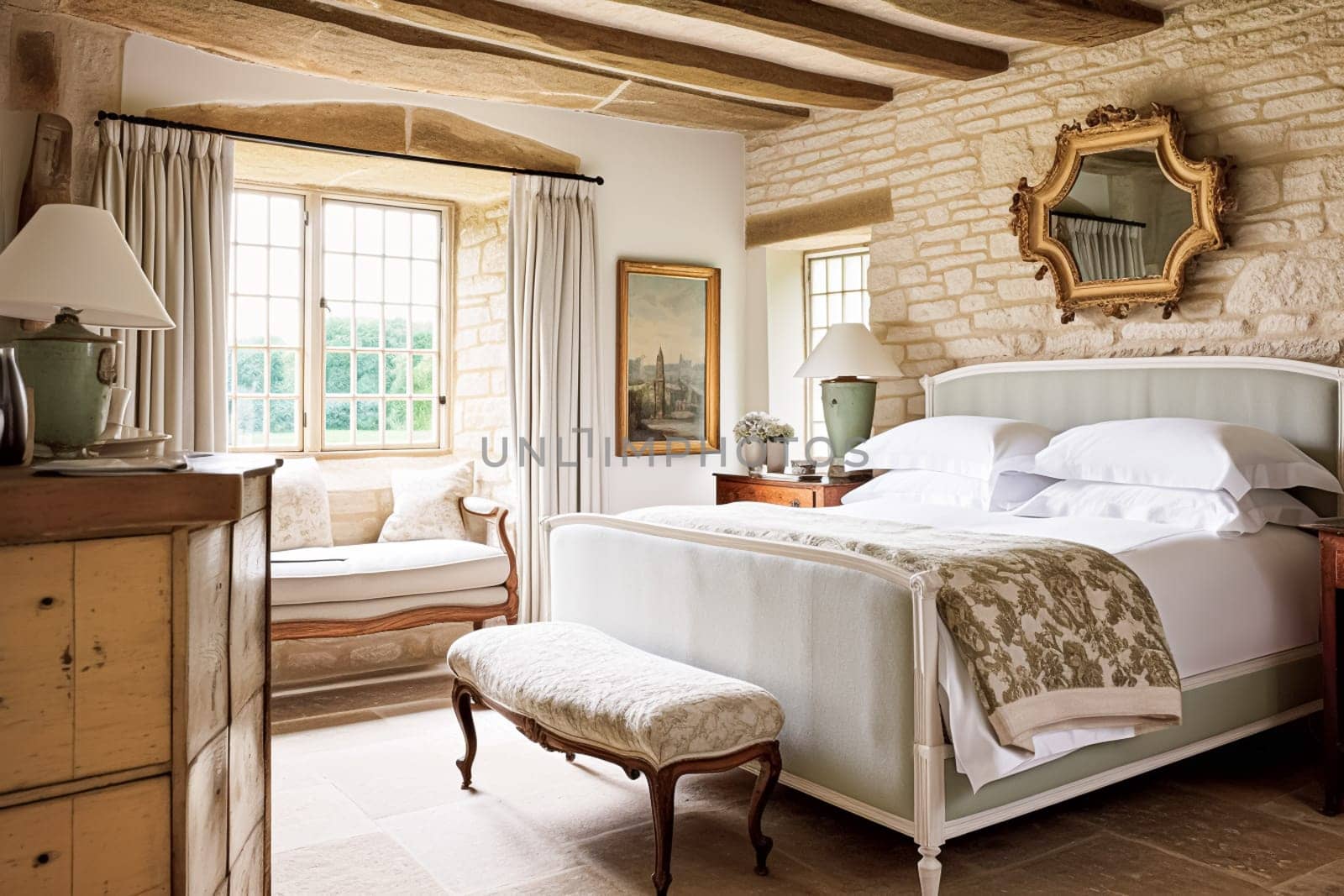 Cottage style bedroom decor, interior design and home decor, bed with elegant bedding and bespoke furniture, English country house or holiday rental interiors