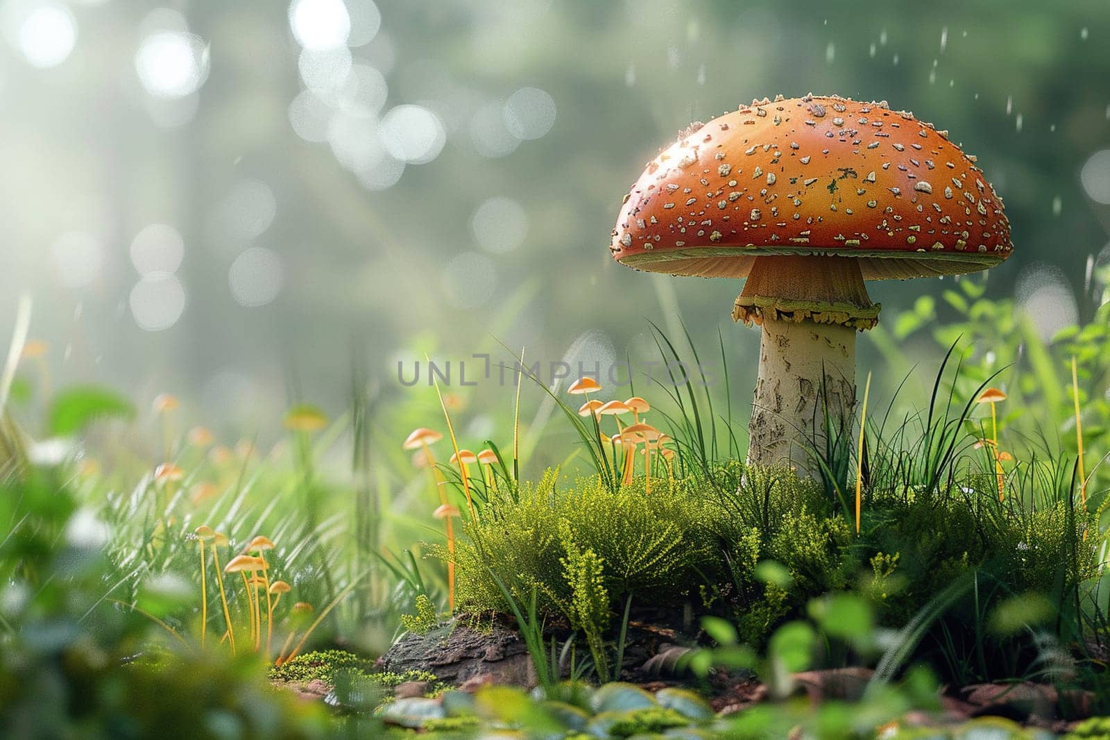 Close-up of a beautiful fly agaric in green grass against a bokeh background.