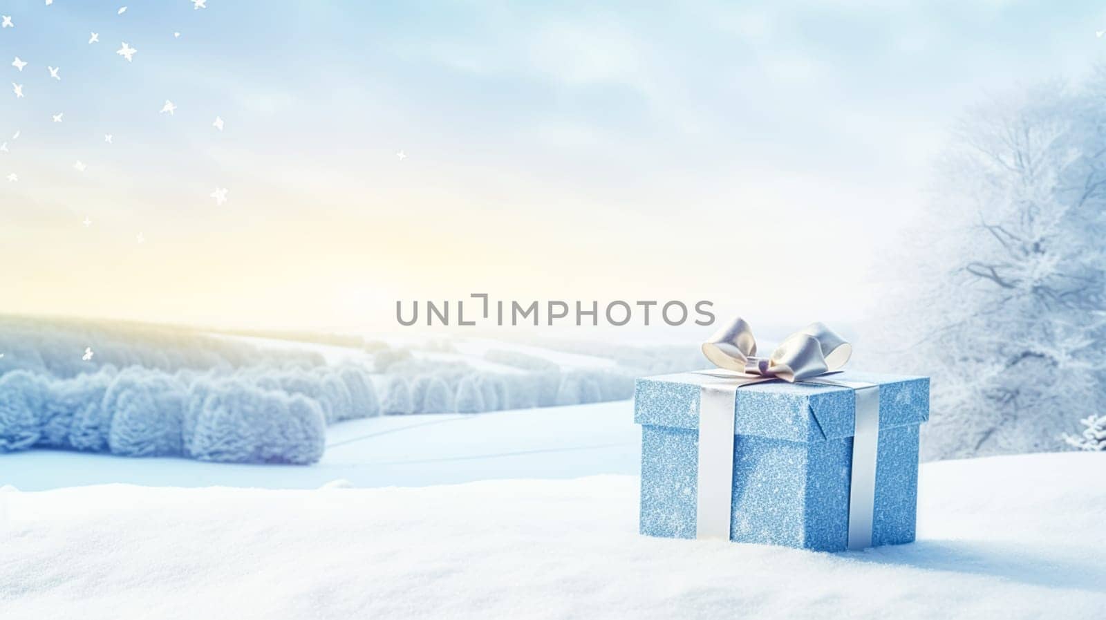 Christmas holiday gift and present, gift box in the snow in snowfall winter countryside nature for boxing day, holidays shopping sale idea