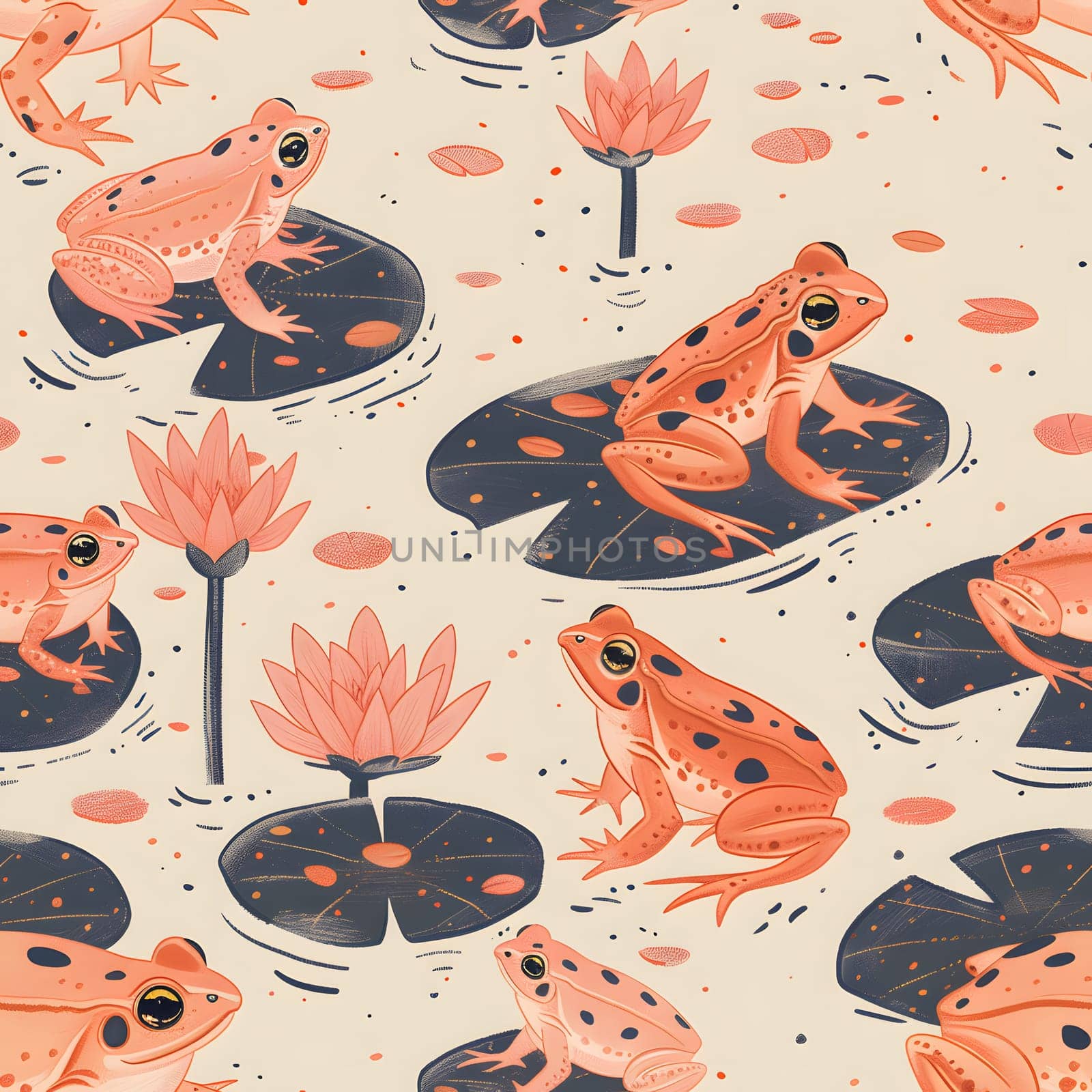 a seamless pattern of frogs sitting on lily pads and flowers by Nadtochiy