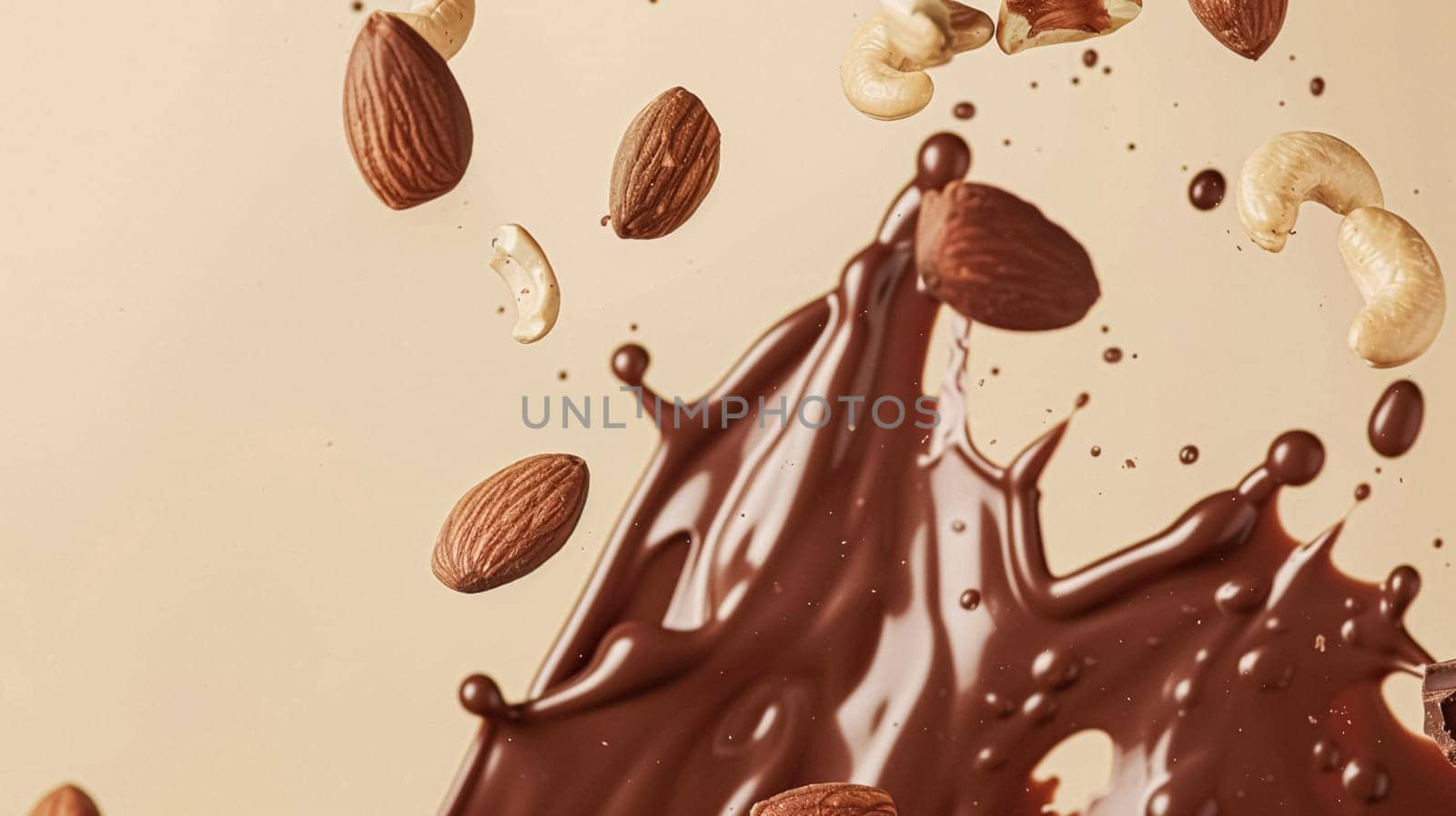 Nuts and chocolate splash, food dessert and confectionery industry by Anneleven