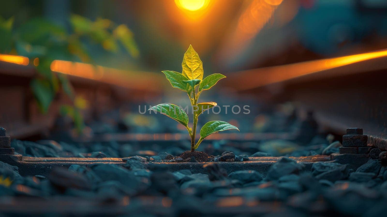 Small plant growing on railway tracks at sunset
