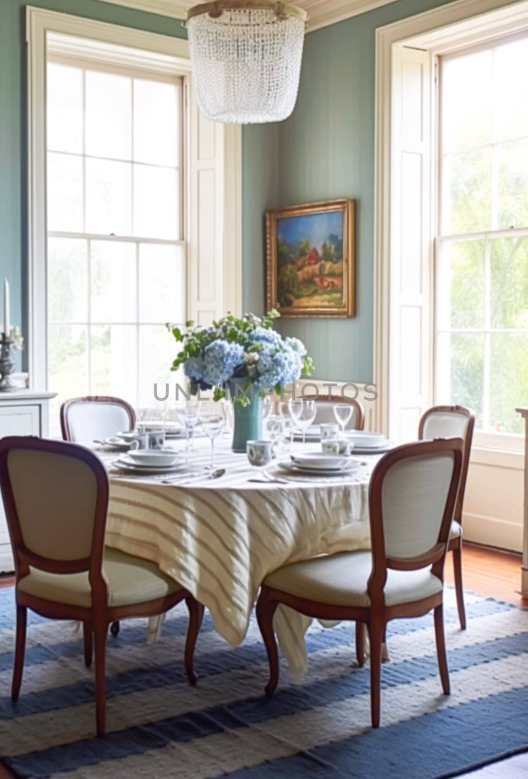 Dining room decor, interior design and house improvement, elegant table with chairs, furniture and classic blue home decor, country cottage style idea