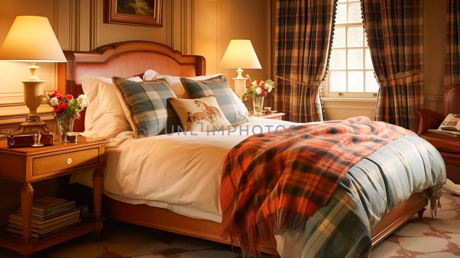 Bedroom decor, interior design and autumnal home decor, bed with silk satin bedding, bespoke furniture and autumn decoration, English country house, holiday rental and cottage style idea