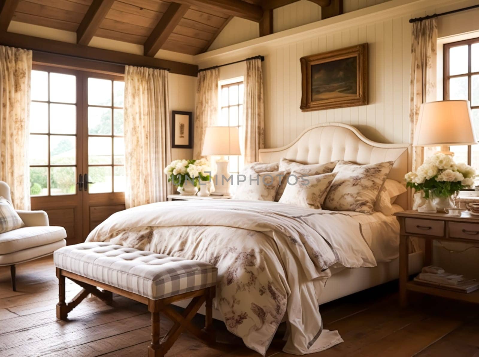 Bedroom decor, interior design and holiday rental, classic bed with elegant plush bedding and furniture, English country house and cottage style idea