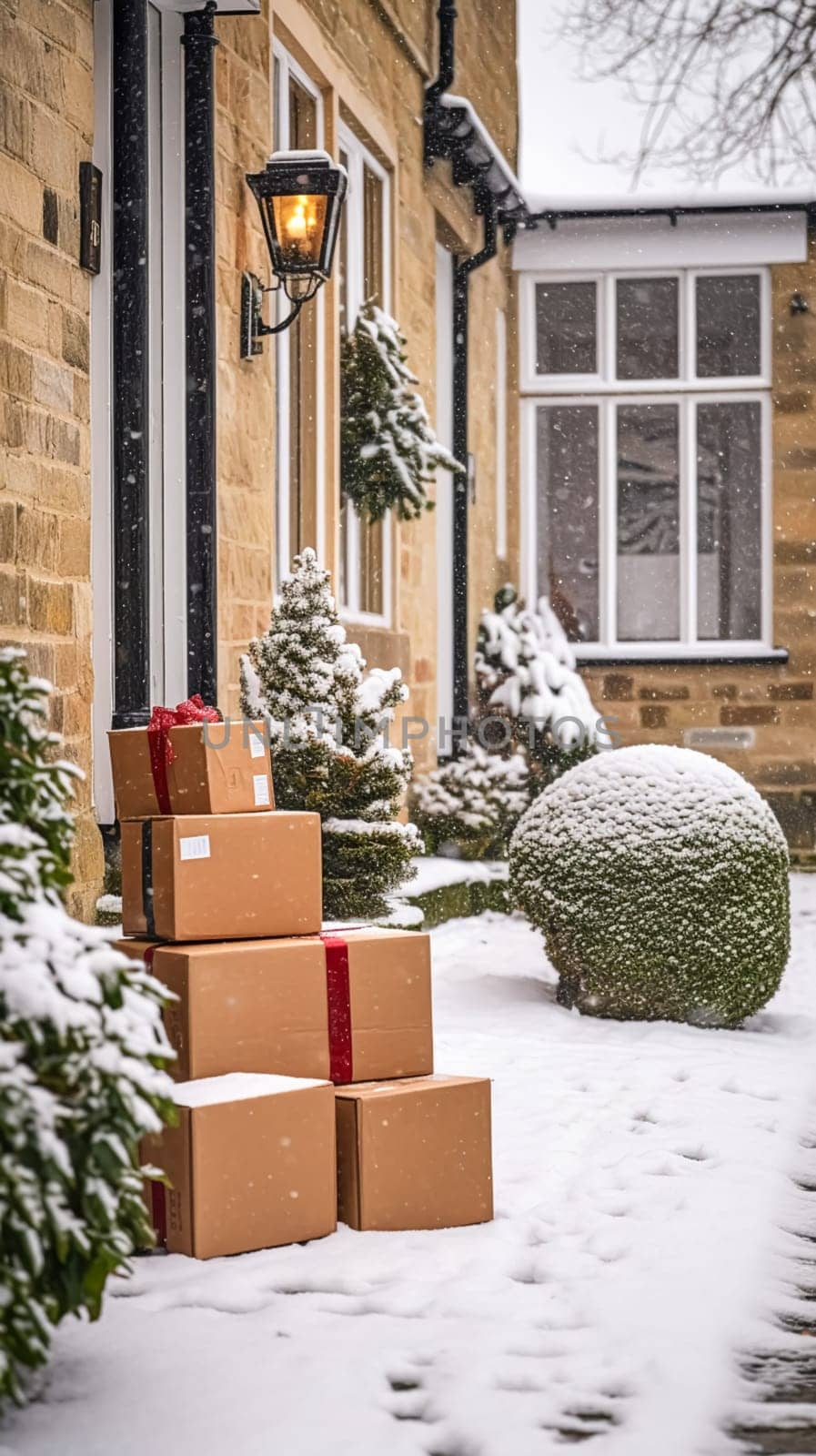 Christmas gifts delivery, postal service and holiday presents online shopping, wrapped parcel boxes on a country house doorstep in a snowing winter, post-processed, generative ai