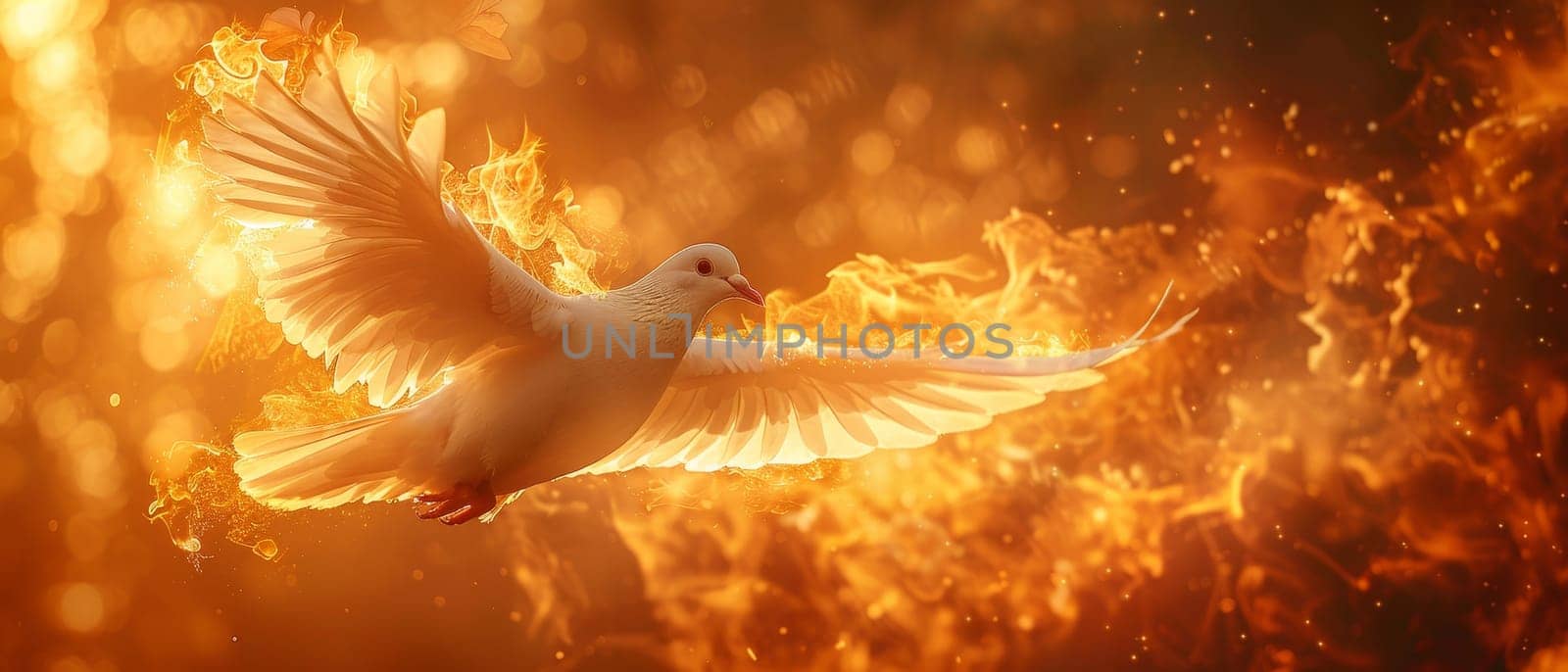 A bird is flying through a fire, surrounded by flames by AI generated image.