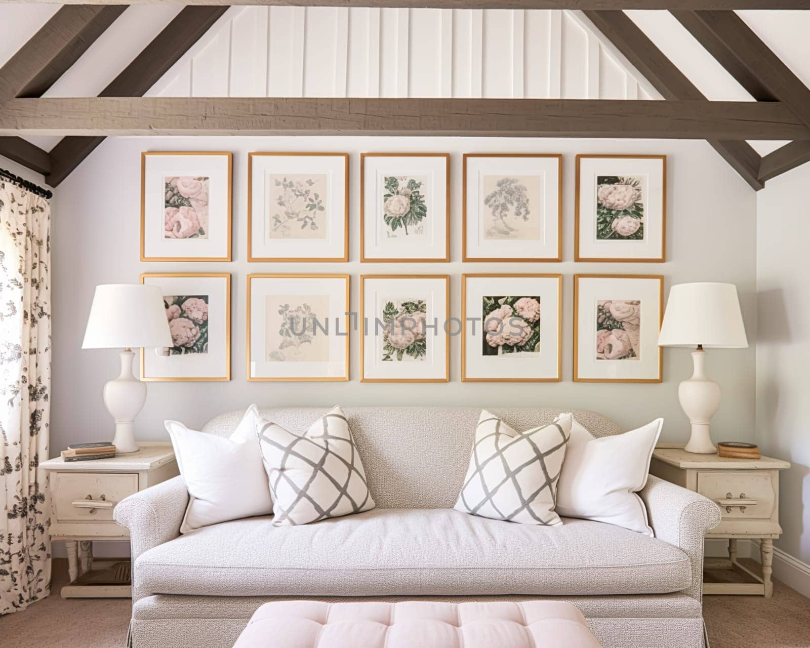 Living room gallery wall, home decor and wall art, framed art in the English country cottage interior, room for diy printable artwork mockup and print shop by Anneleven