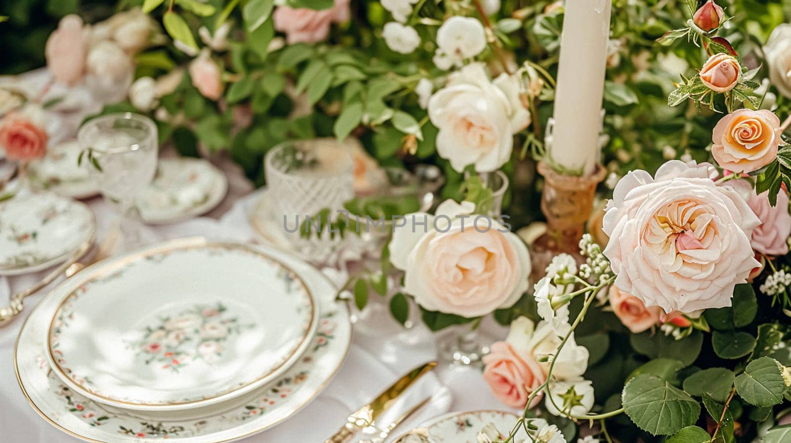 Beautifully set table for a garden party, adorned tablescape with vibrant floral arrangements, under the shade of blossoming rose bushes, inviting a sense of elegance and natural charm