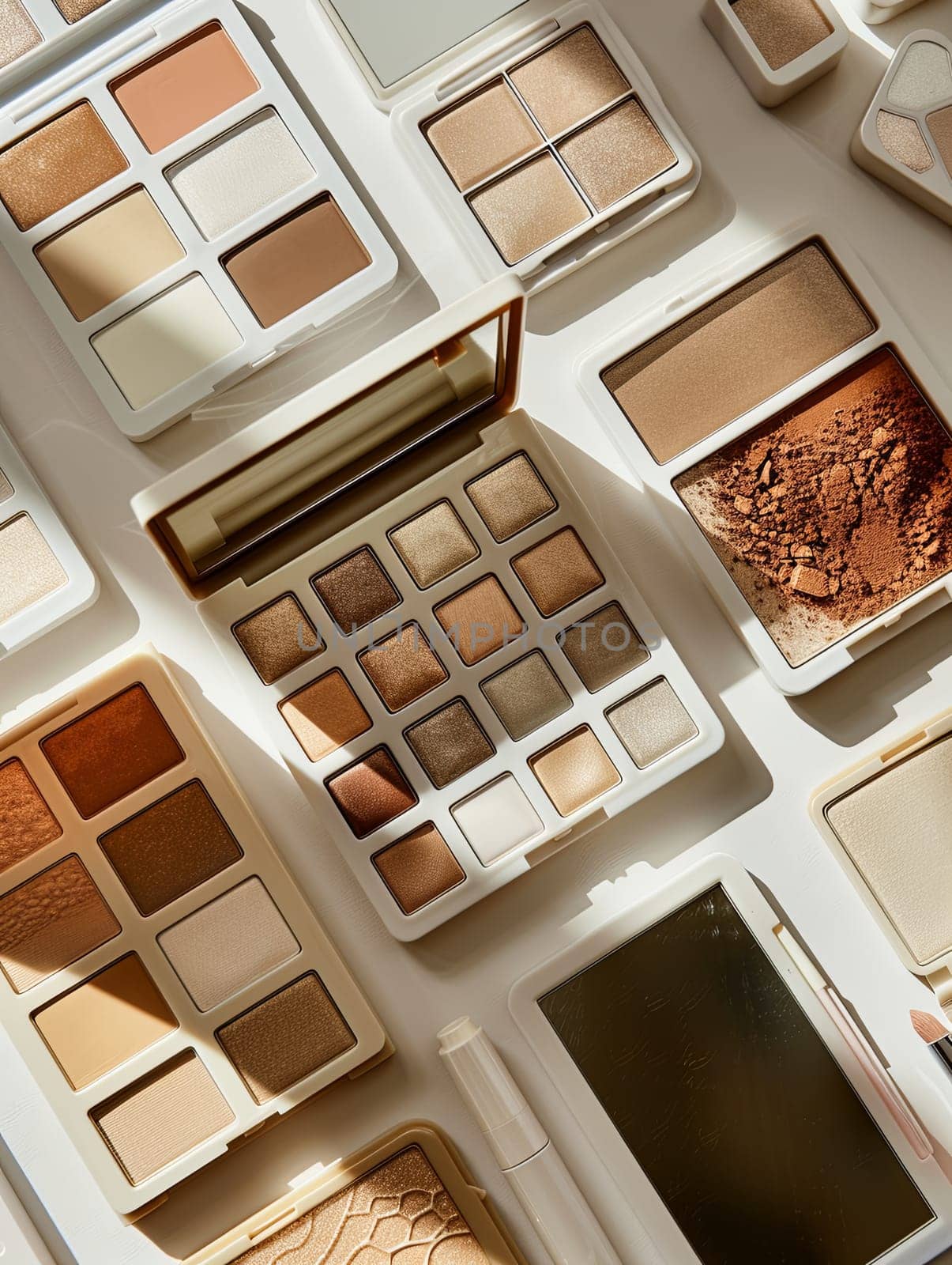 A variety of eyeshadow, contour, and highlighter palettes with warm tones arranged on a light background.