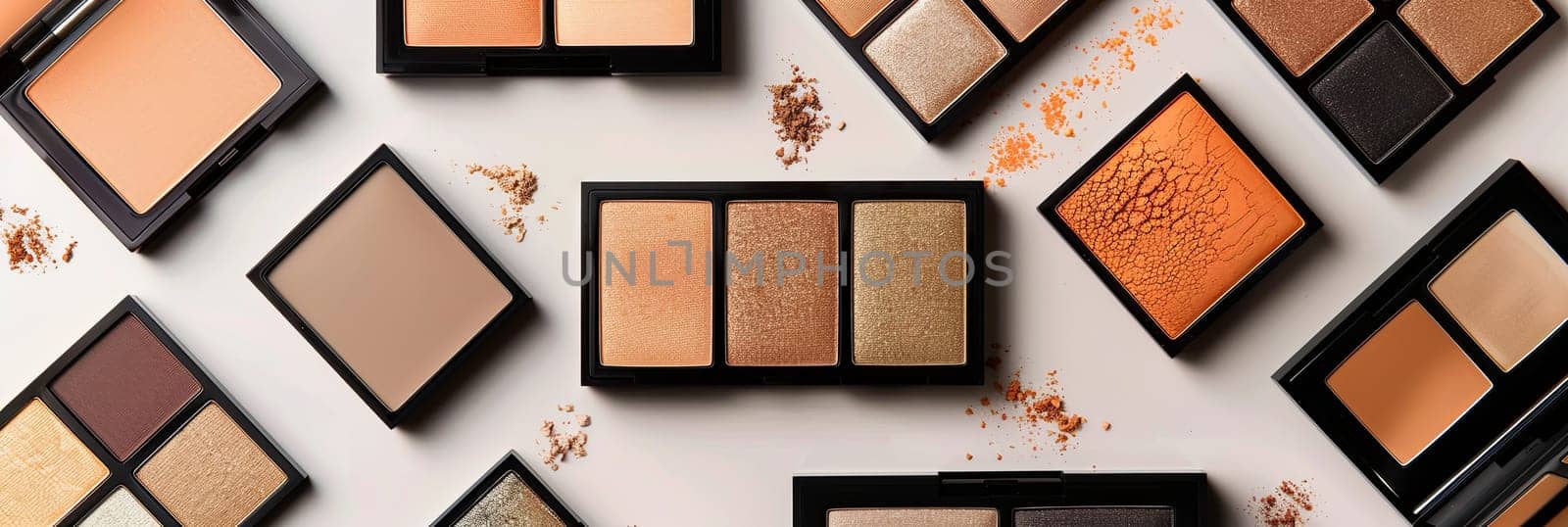 A collection of makeup palettes featuring contouring and highlighting shades arranged on a white background.