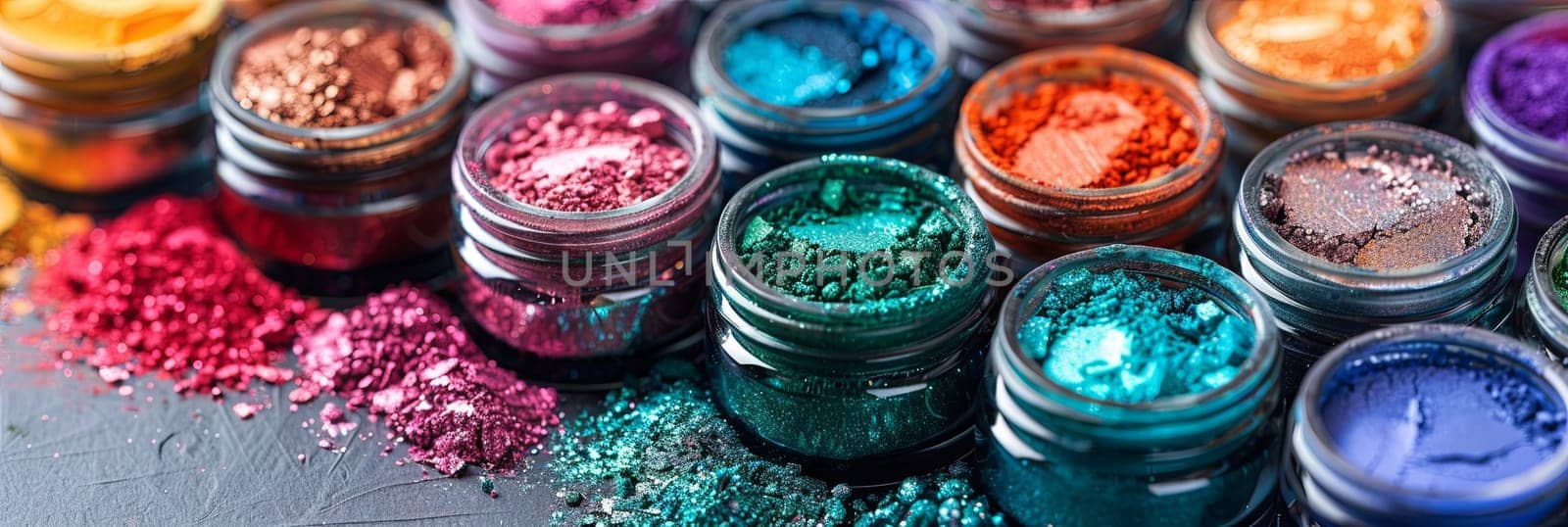 Assorted colorful makeup pigments and powders in small jars, showcasing a variety of textures and shades.