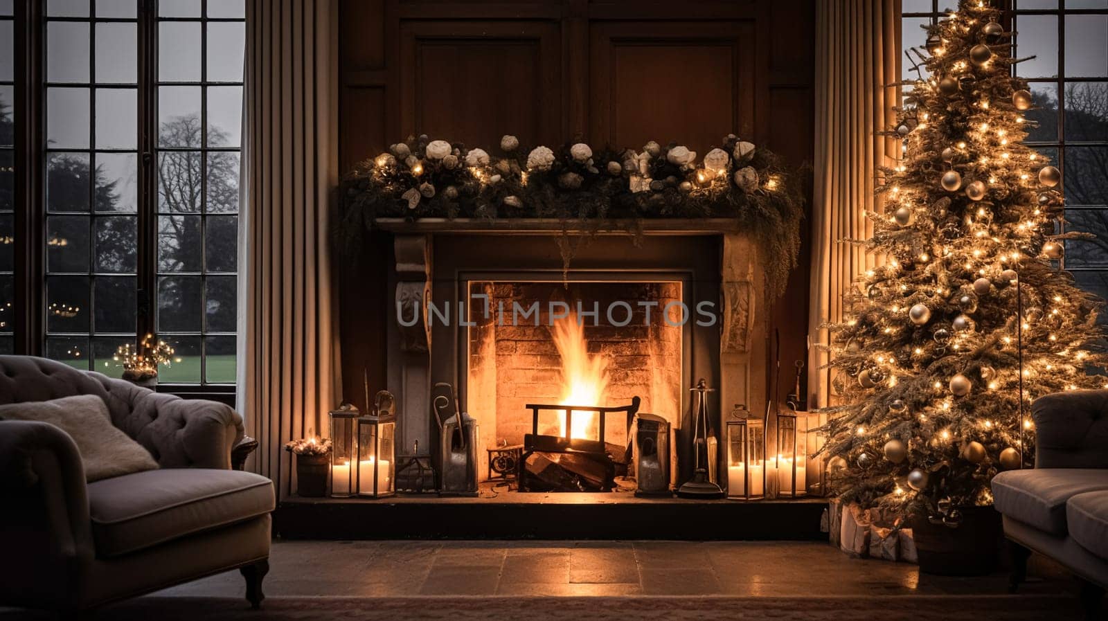 Christmas at the manor, English countryside decoration and festive interior decor