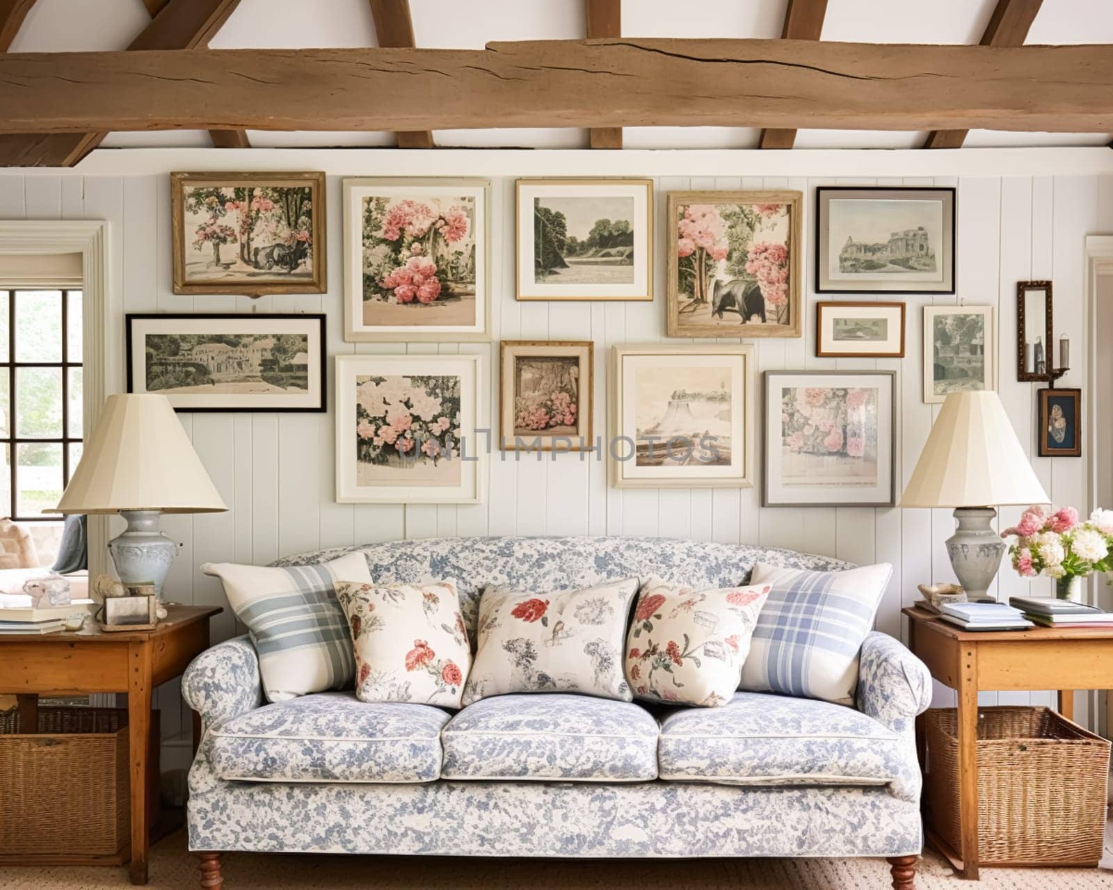 Living room gallery wall, home decor and wall art, framed art in the English country cottage interior, room for diy printable artwork mockup and print shop idea