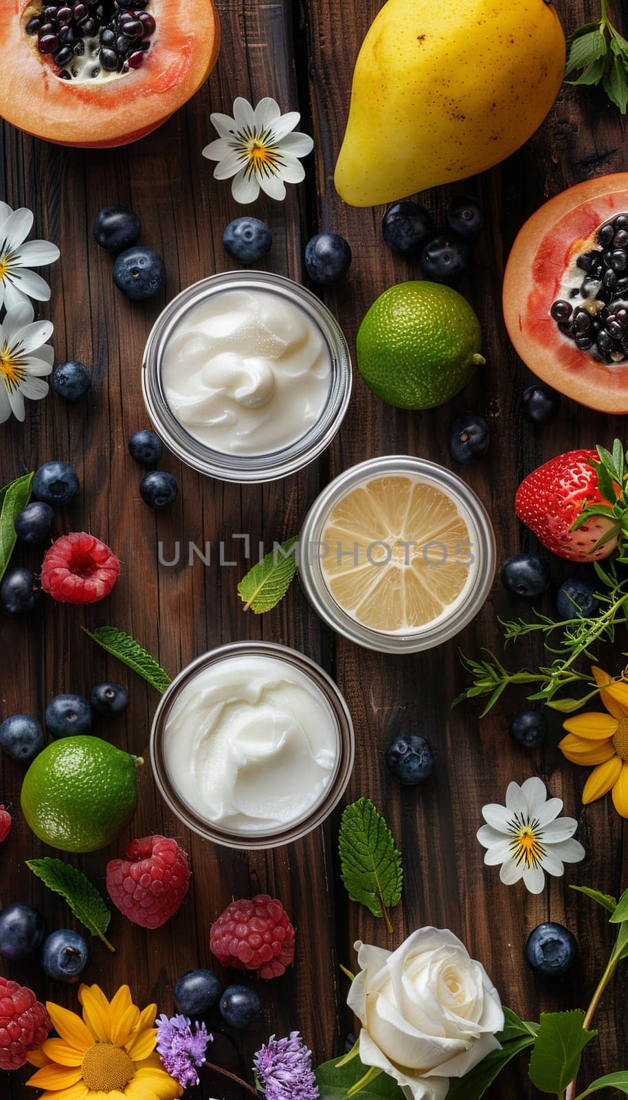 Organic creams and lotions displayed with fresh fruits, herbs, and flowers.