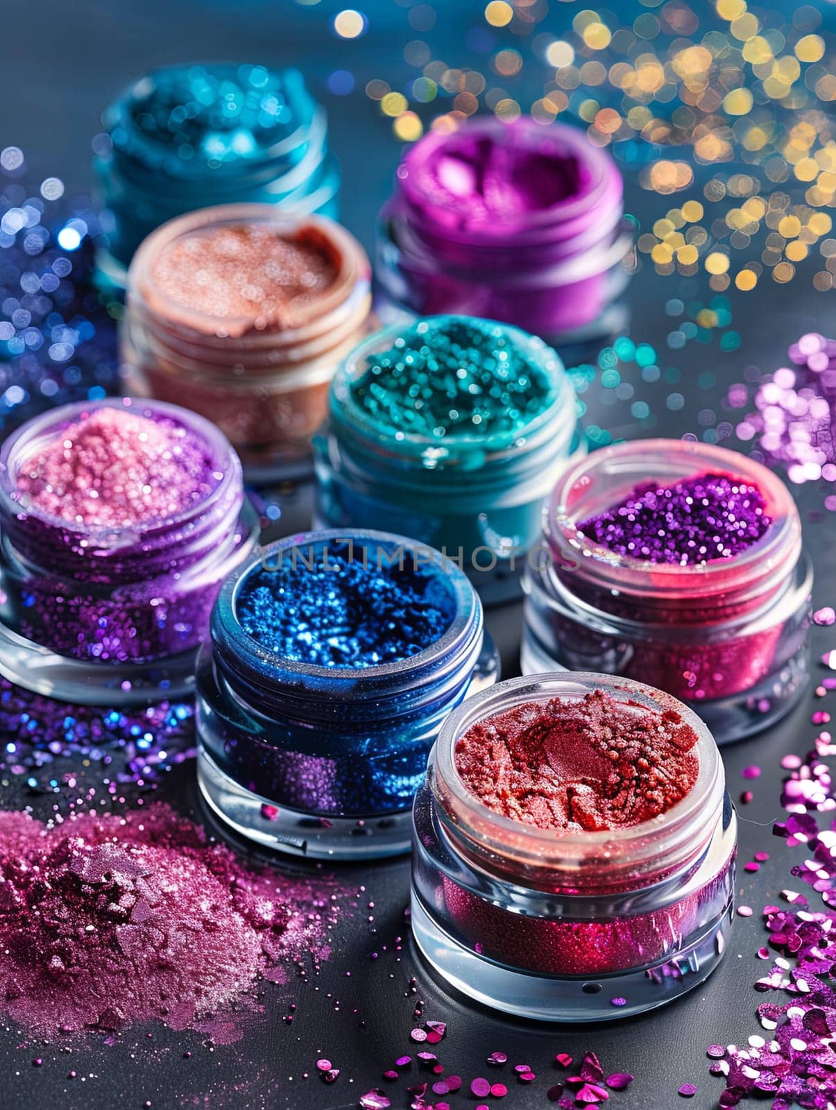 An assortment of colorful makeup pigments and powders in small jars, arranged artistically on a black surface.