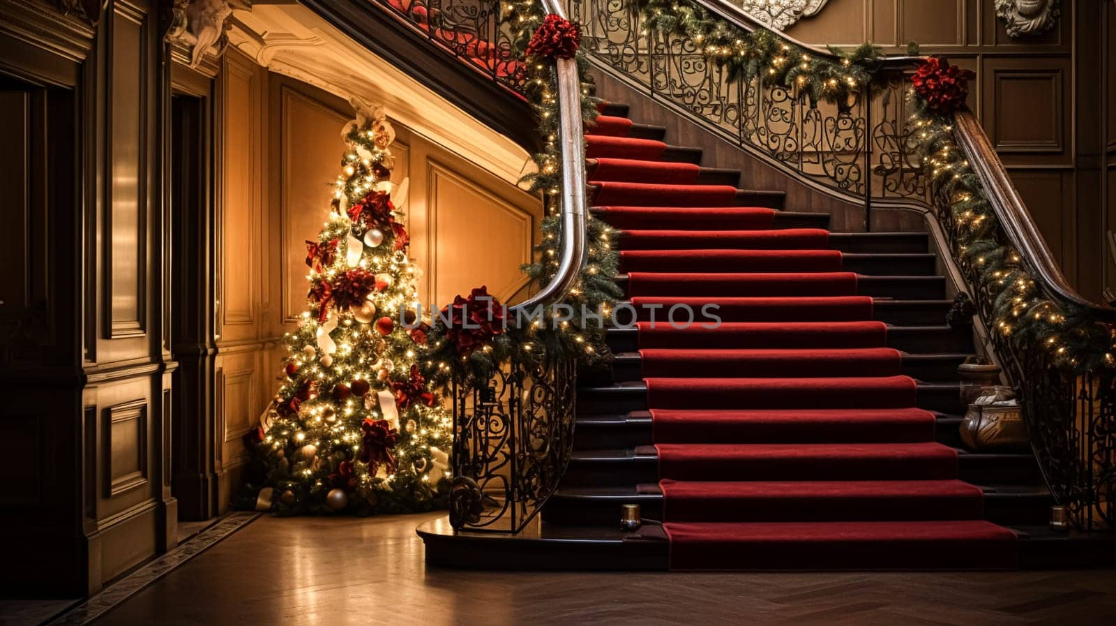 Christmas at the manor, grand entrance hall with staircase and Christmas tree, English countryside decoration and festive interior decor