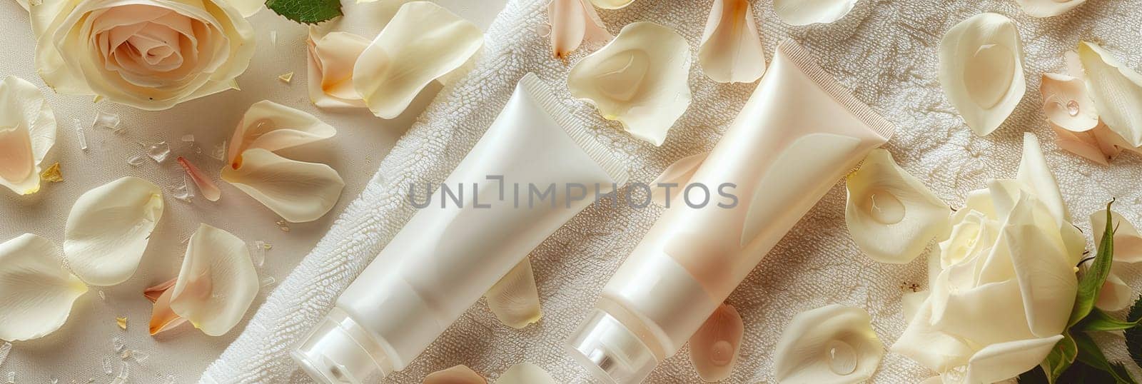 Two white hand and foot cream tubes on a background of soft white towels and rose petals.