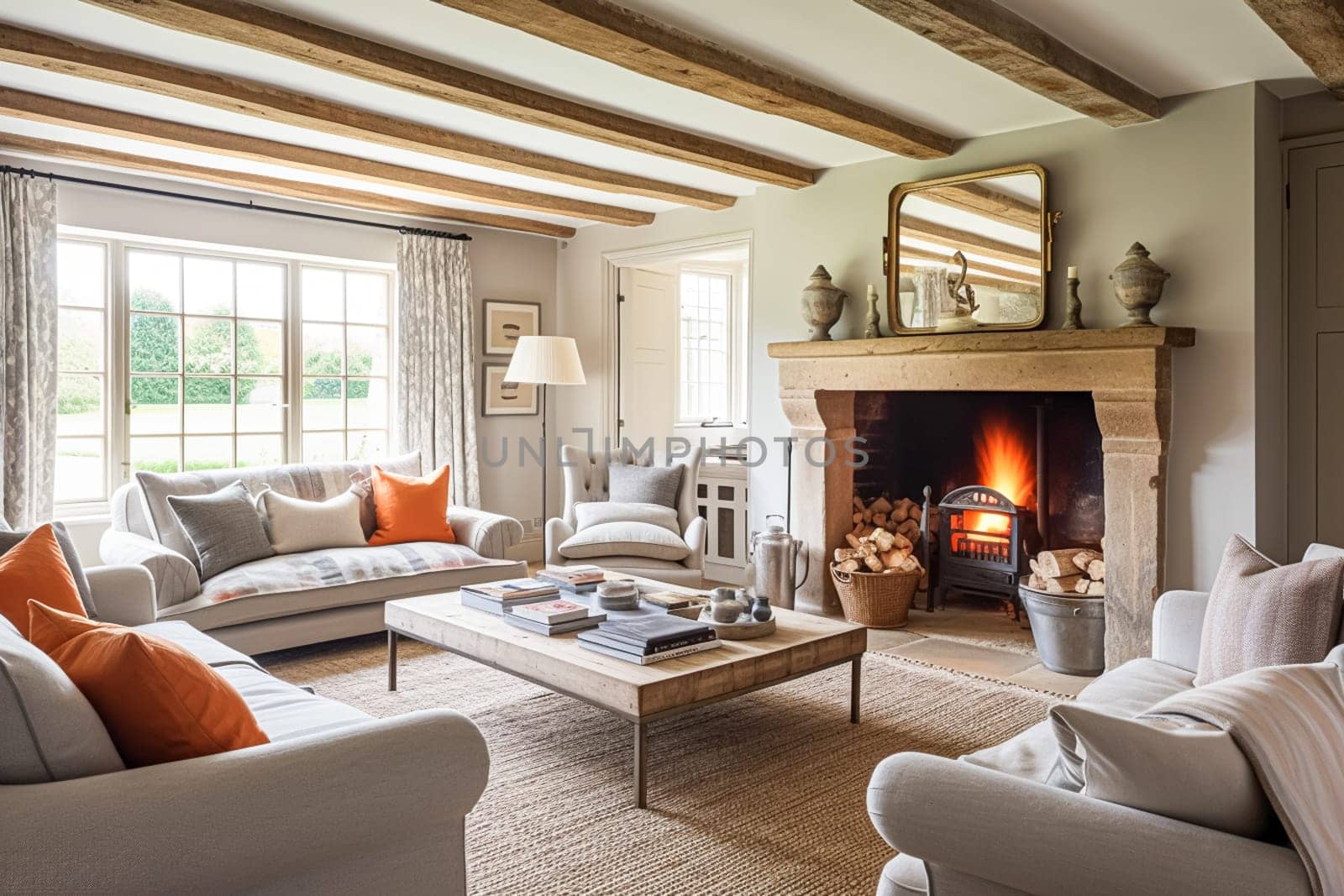 Modern cottage sitting room with fireplace, living room interior design and country house home decor, sofa and lounge furniture, English countryside style interiors