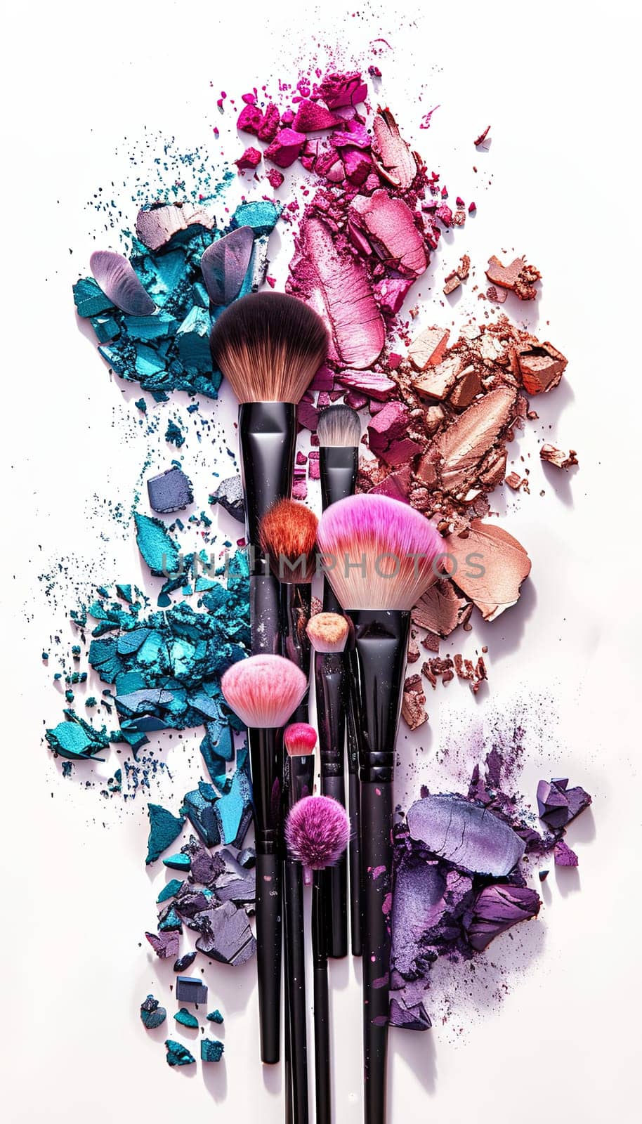 A close-up photo of several makeup brushes covered in eyeshadow and blush, with vibrant colors against a white background.
