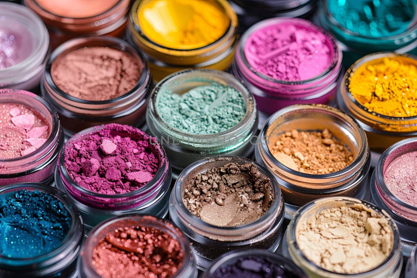 A close-up view of colorful makeup pigments and powders arranged in small glass jars.
