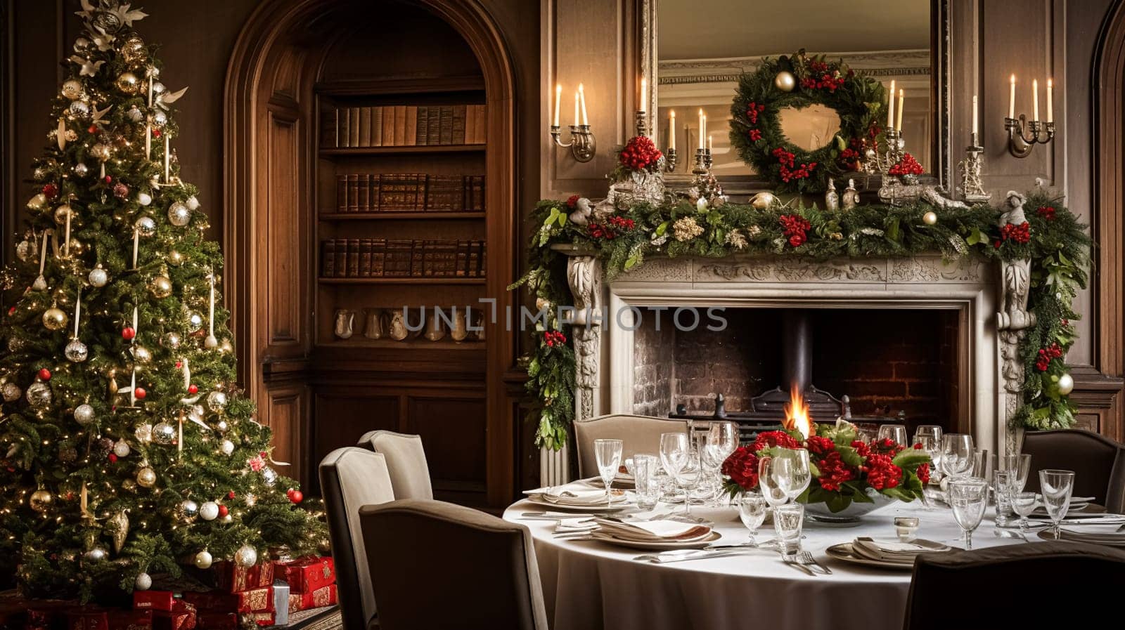 Christmas at the manor, English countryside decoration and festive interior decor