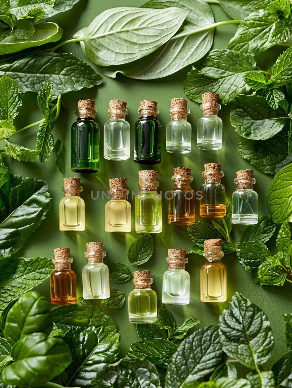 Collection of small glass bottles containing plant oils and extracts, nestled amidst vibrant green leaves.