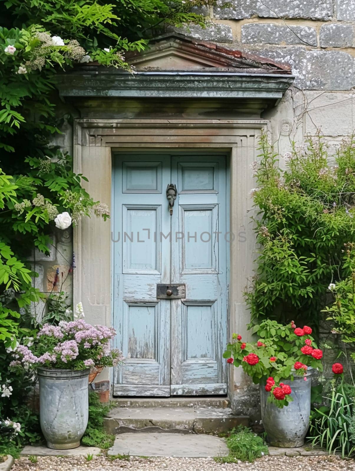 Entrance to a historic manor, framed by antique architectural elements and flanked by potted topiaries, features an aged door, the surrounding ivy and stonework add to the timeless elegance of the property