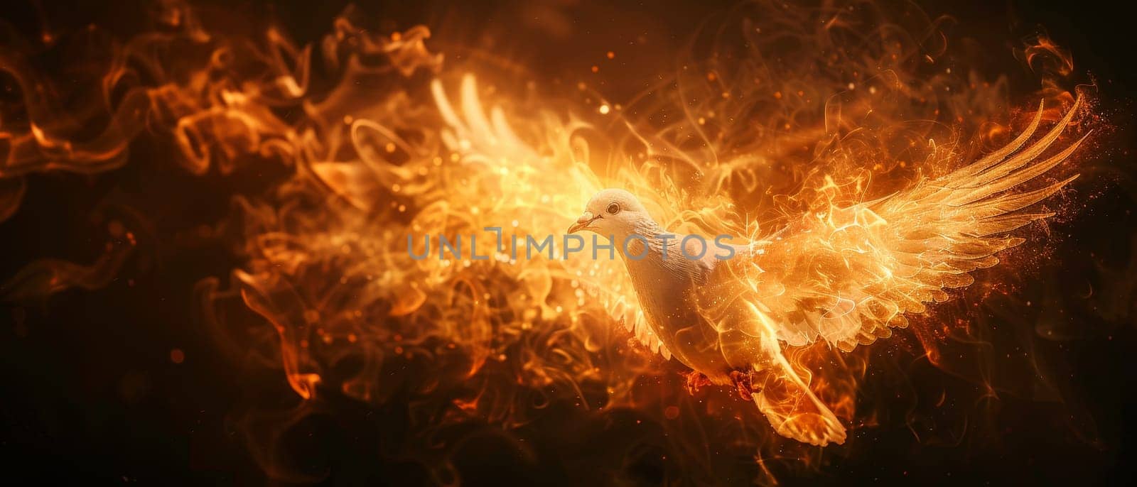 A bird is flying through a fire, surrounded by flames by AI generated image.