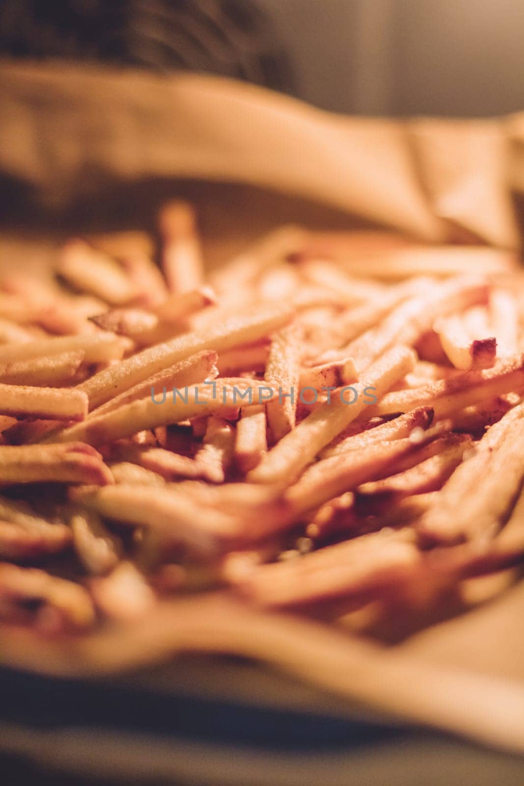 just cooked french fries in the oven - rustic food and homemade cooking styled concept, elegant visuals