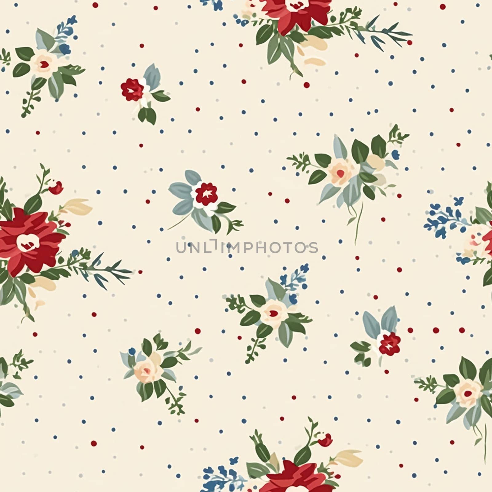 Seamless pattern, tileable Christmas holiday floral country dots print, English countryside flowers for wallpaper, wrapping paper, scrapbook, fabric and product design motif