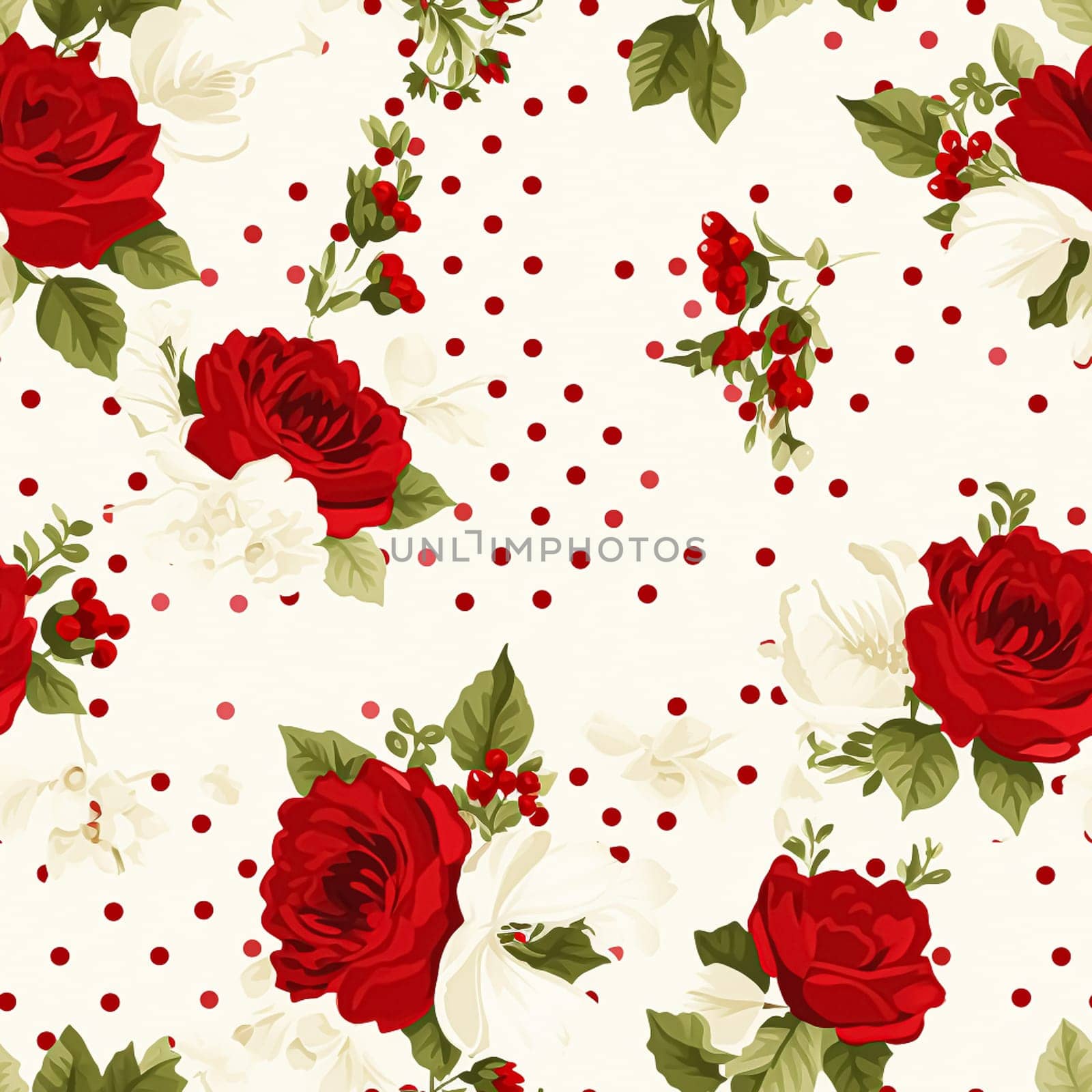 Seamless pattern, tileable floral country holiday print with roses, dots and flowers for wallpaper, wrapping paper, scrapbook, fabric and polka dot roses product design idea