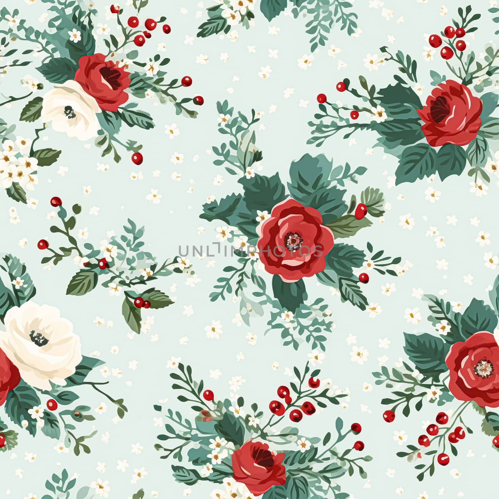 Seamless pattern, tileable Christmas holiday floral, country flowers dots print, English countryside roses for wallpaper, wrapping paper, scrapbook, fabric and product design motif