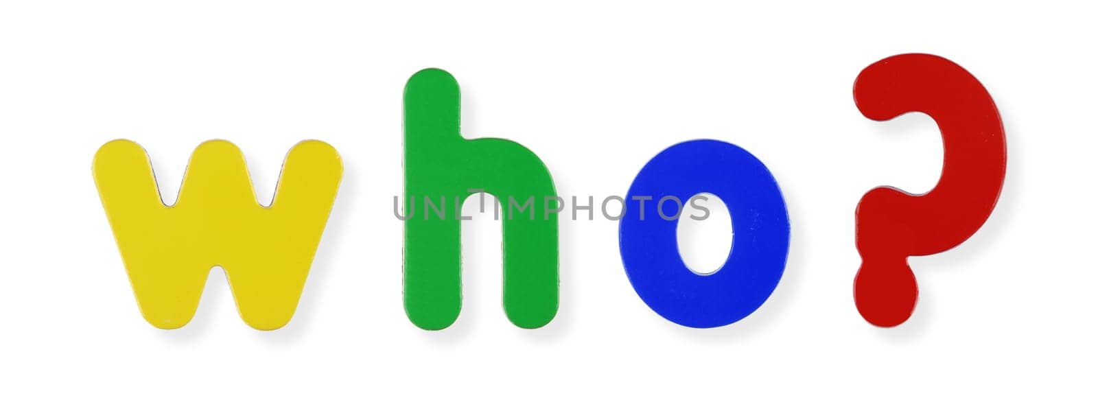 A who word in coloured magnetic letters on white with clipping path to remove shadow