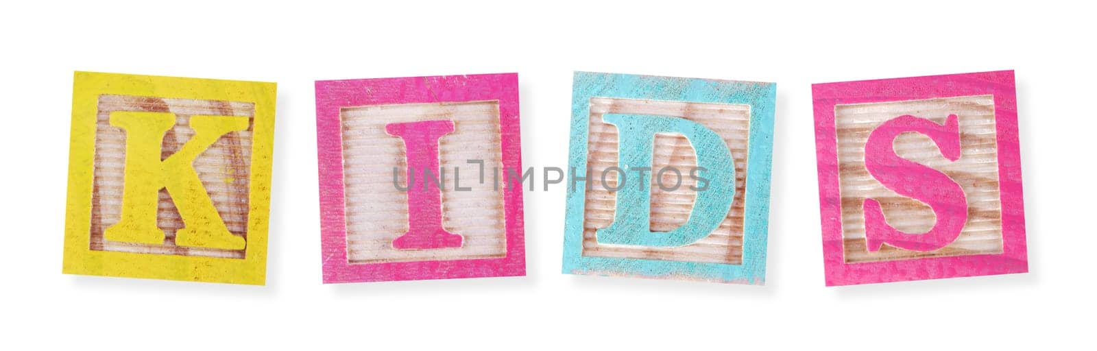 A Kids concept with childs wood blocks on white with clipping path to remove shadow