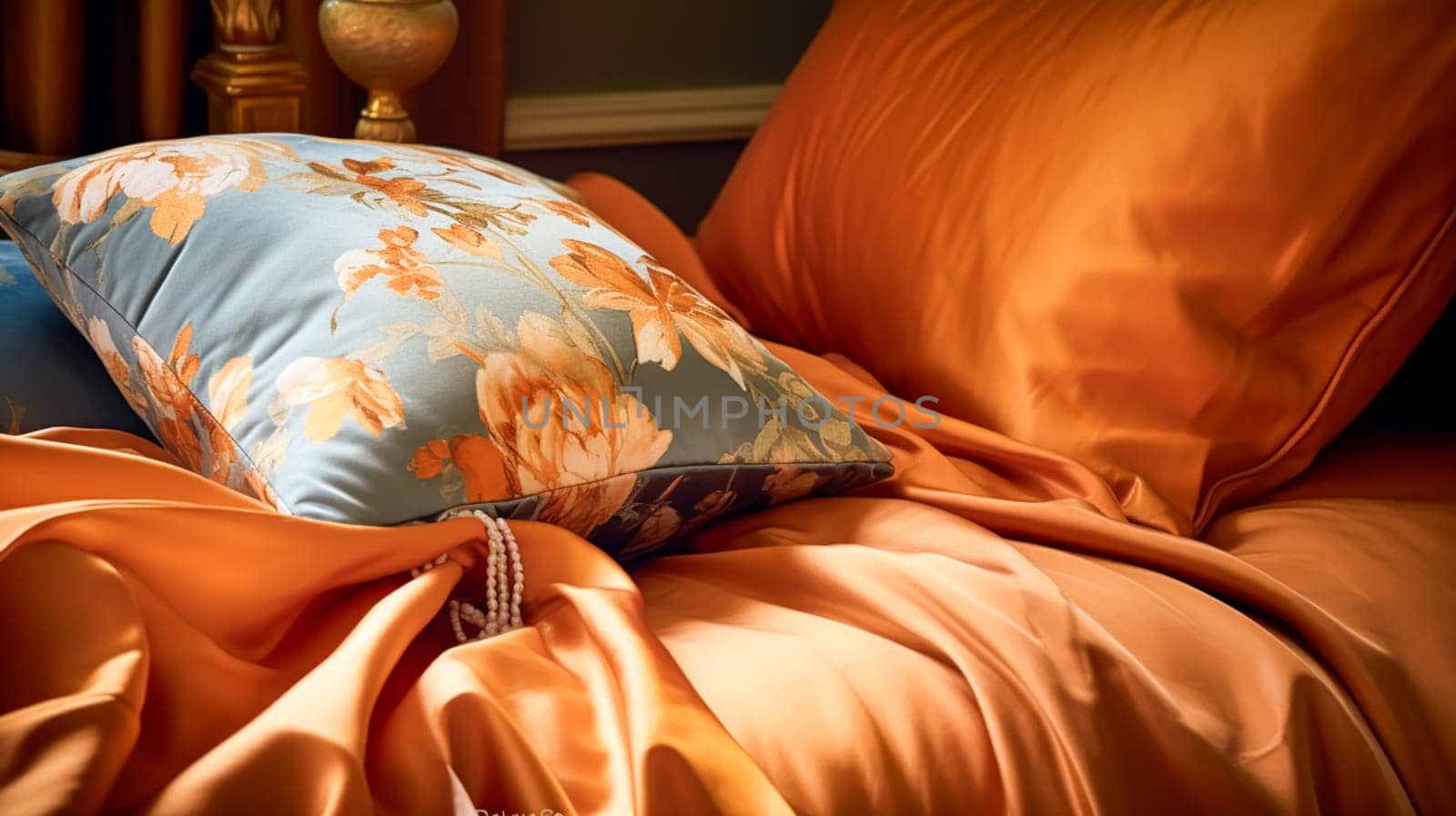 Bedroom decor, interior design and autumnal home decor, bed with silk satin bedding, bespoke furniture and autumn decoration, English country house, holiday rental and cottage style idea