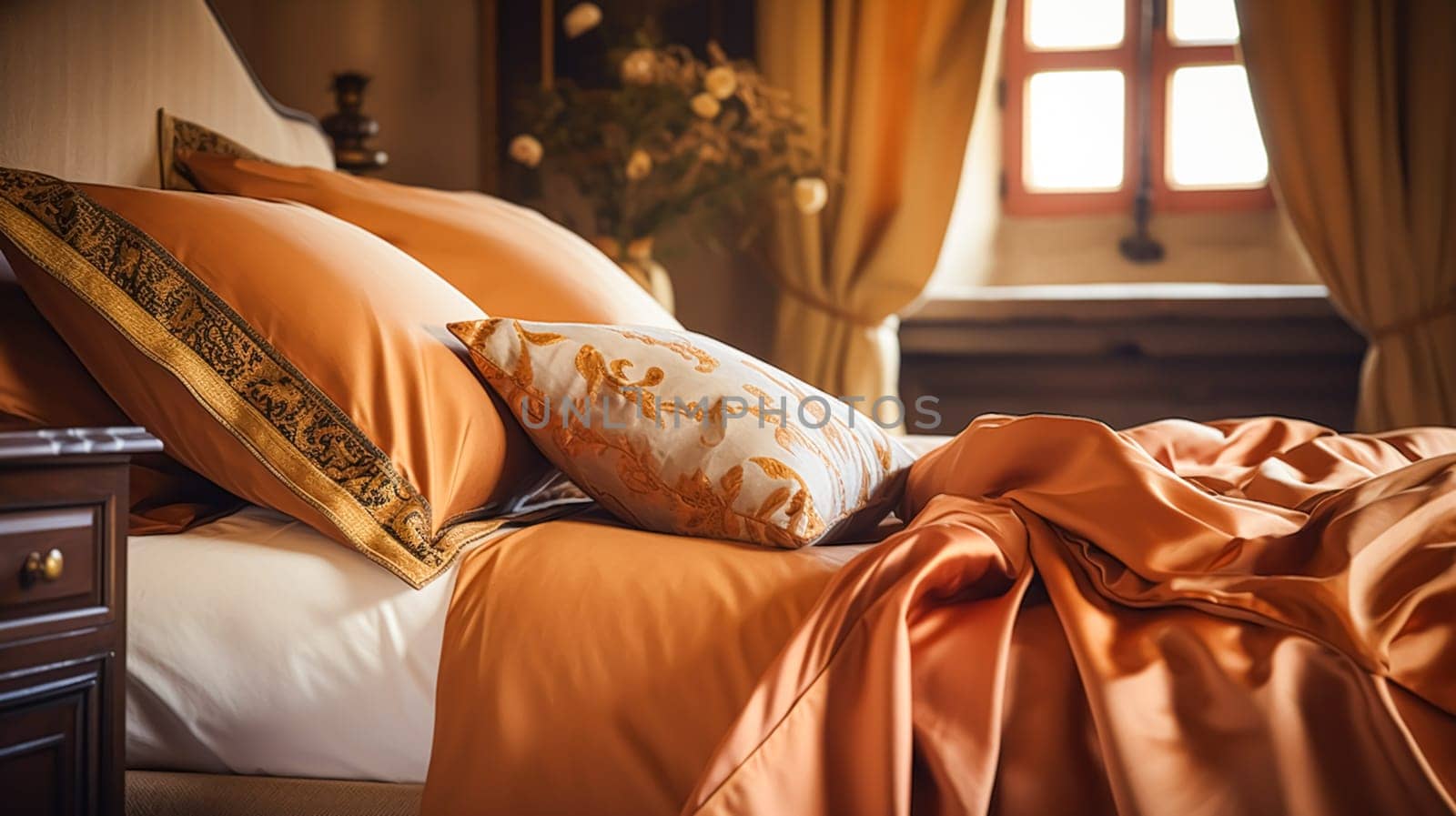 Bedroom decor, interior design and autumnal home decor, bed with silk satin bedding, bespoke furniture and autumn decoration, English country house, holiday rental and cottage style idea