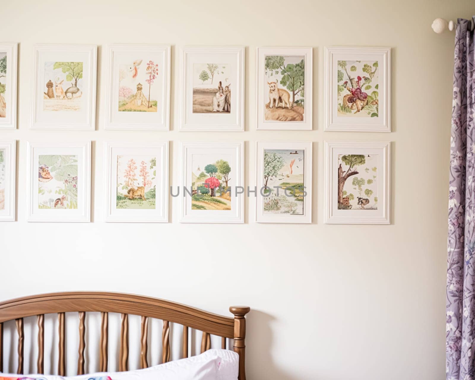 Nursery gallery wall, home decor and wall art, framed art in the English country cottage interior, room for diy printable artwork mockup and print shop idea