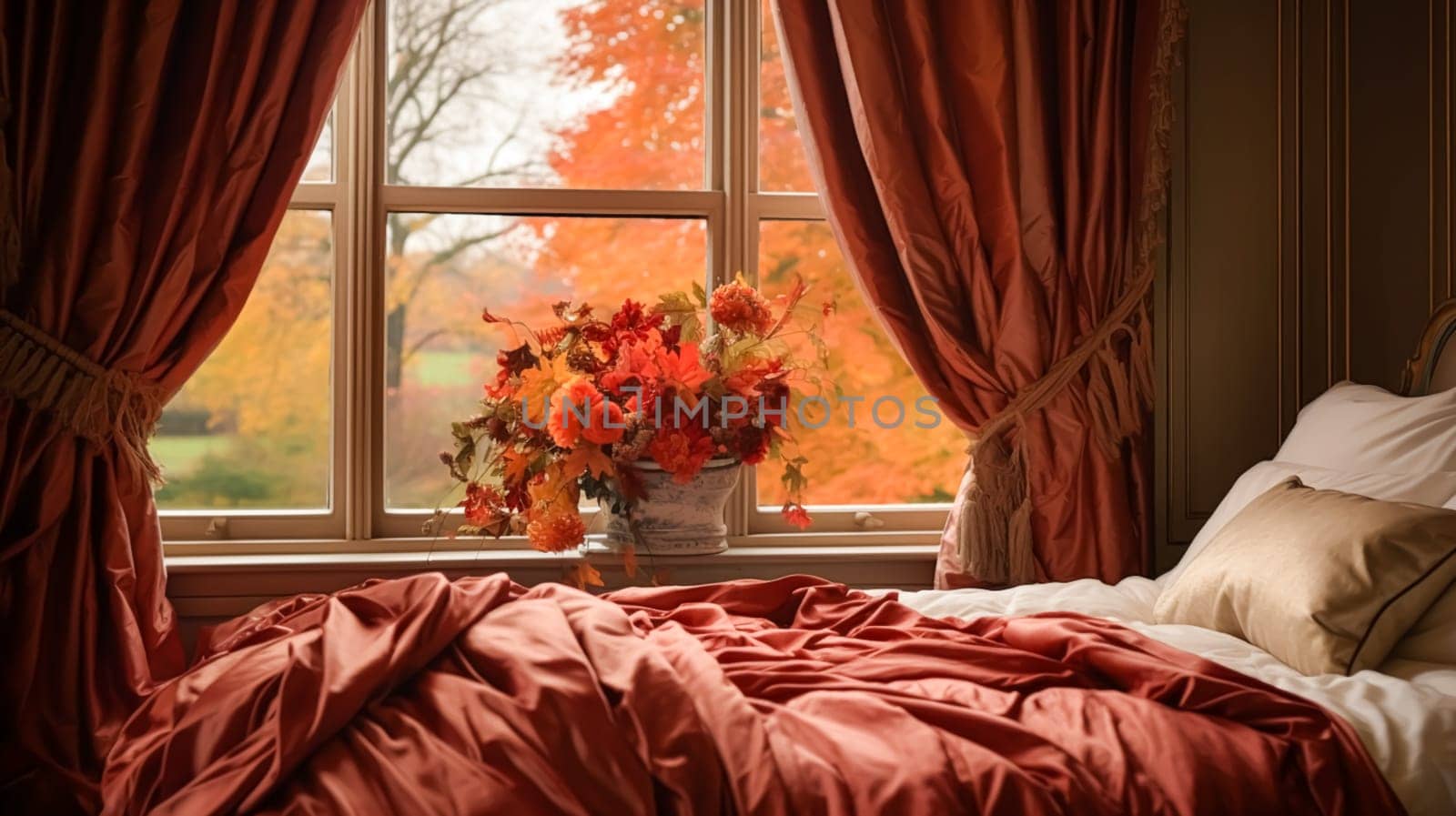 Bedroom decor, interior design and autumnal home decor, bed with silk satin bedding, bespoke furniture and autumn decoration, English country house, holiday rental and cottage style idea