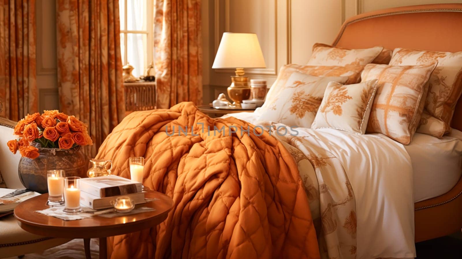 Bedroom decor, interior design and autumnal home decor, bed with silk satin bedding, bespoke furniture and autumn decoration, English country house, holiday rental and cottage style idea