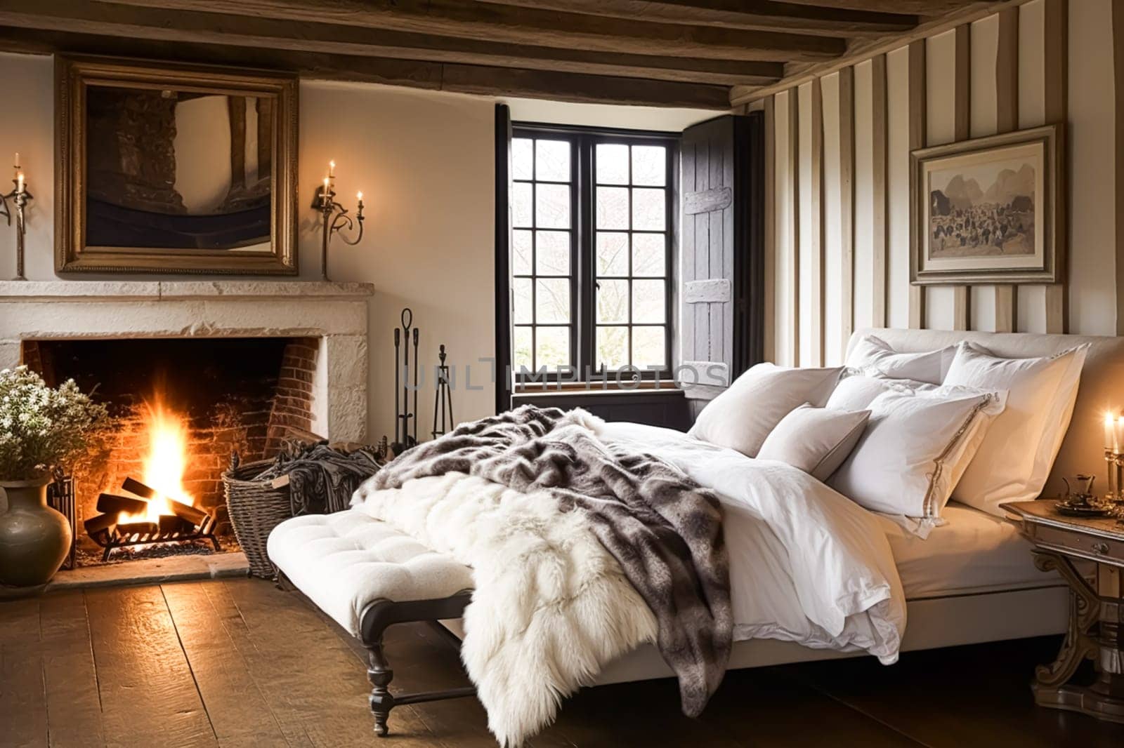 Bedroom decor, interior design and holiday rental, classic bed with elegant plush bedding and furniture, English country house and cottage style idea