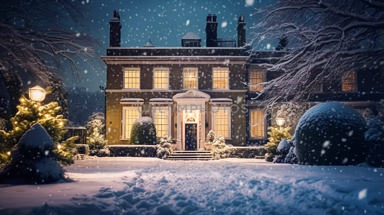 Christmas in the countryside manor, English country house mansion decorated for holidays on a snowy winter evening with snow and holiday lights, Merry Christmas and Happy Holidays design