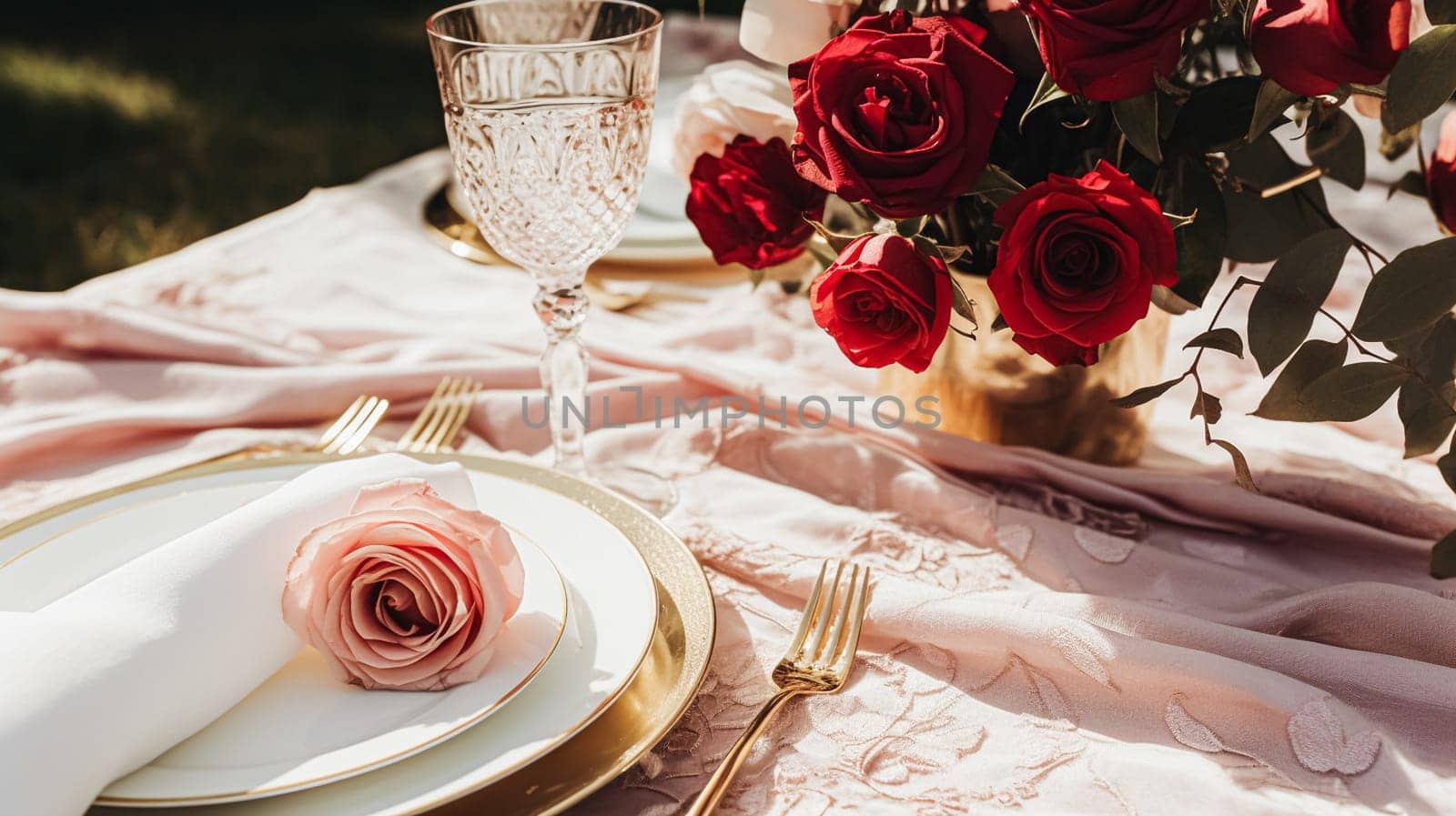 Wedding and event celebration tablescape with flowers, formal dinner table setting with roses and wine, elegant floral table decor for dinner party and holiday decoration, home styling by Anneleven