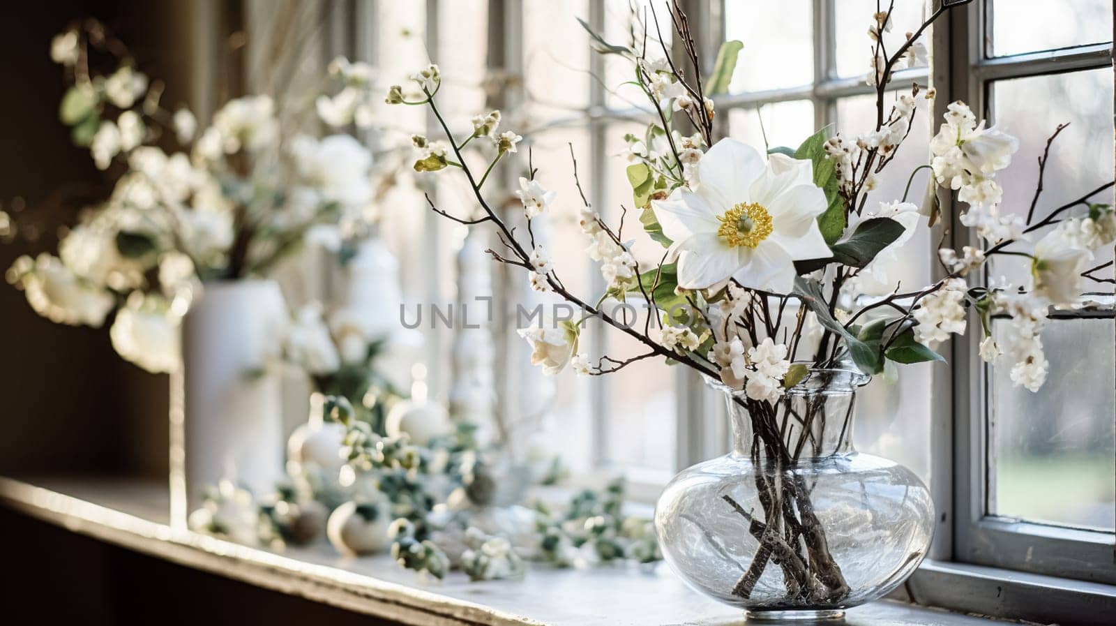 Beautiful floral arrangement with winter, autumn or early spring botanical plants and flowers