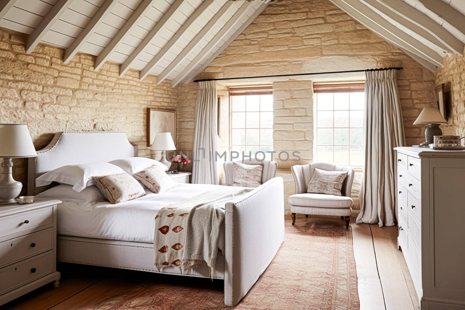 Cottage style bedroom decor, interior design and home decor, bed with elegant bedding and bespoke furniture, English country house or holiday rental interiors