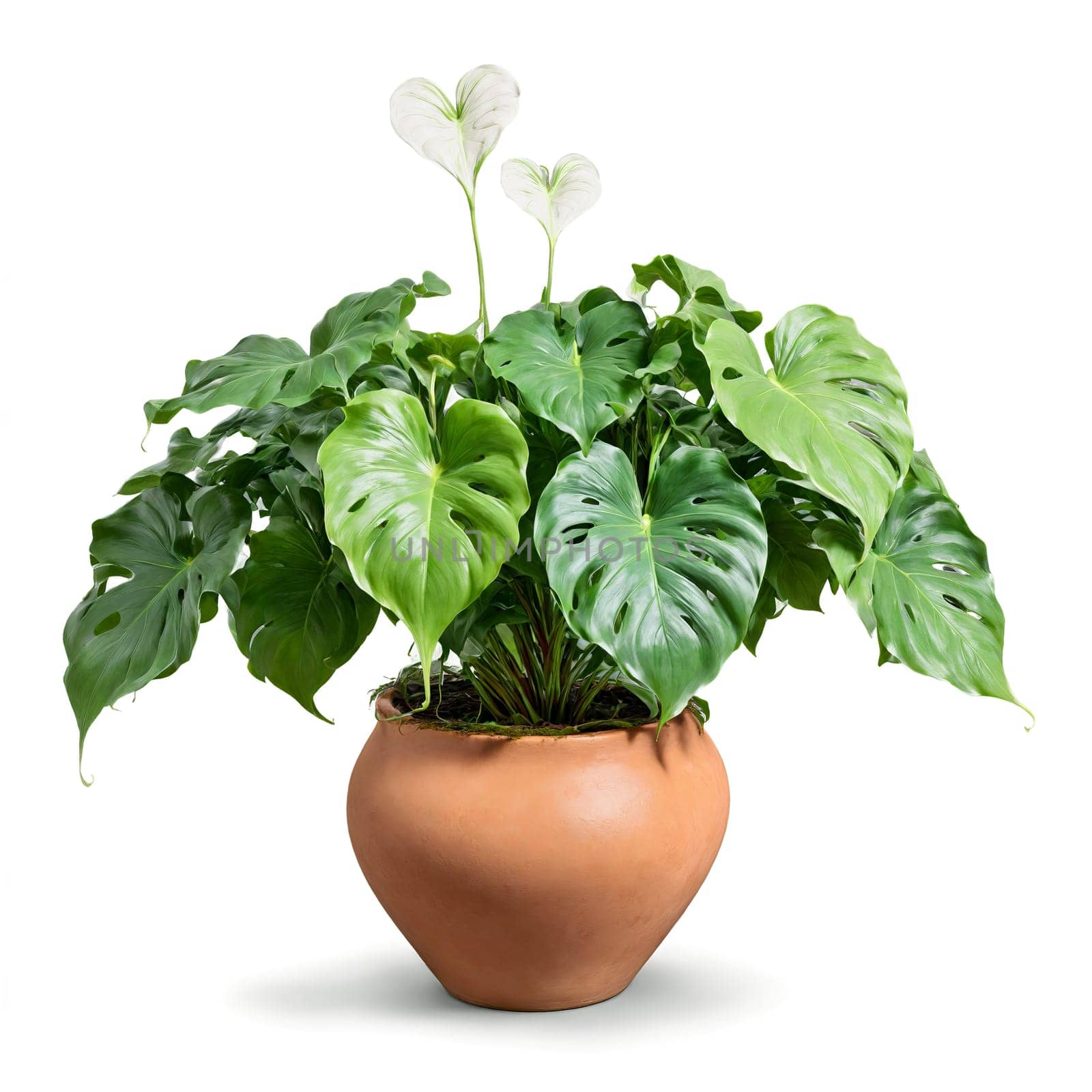 Philodendron Heartleaf lush heart shaped green leaves pouring from a floating terracotta pot surrounded by. Plants isolated on transparent background.